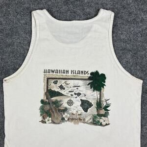 Hawaiian Islands Tank Top Mens M White Map Graphic Vacation Travel Beach Tee